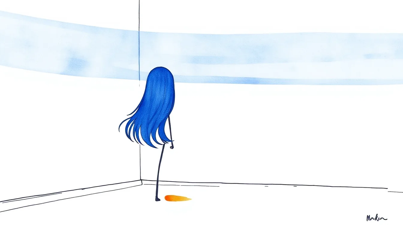 A flickering, fragmented silhouette with long hair in an empty corner of a room