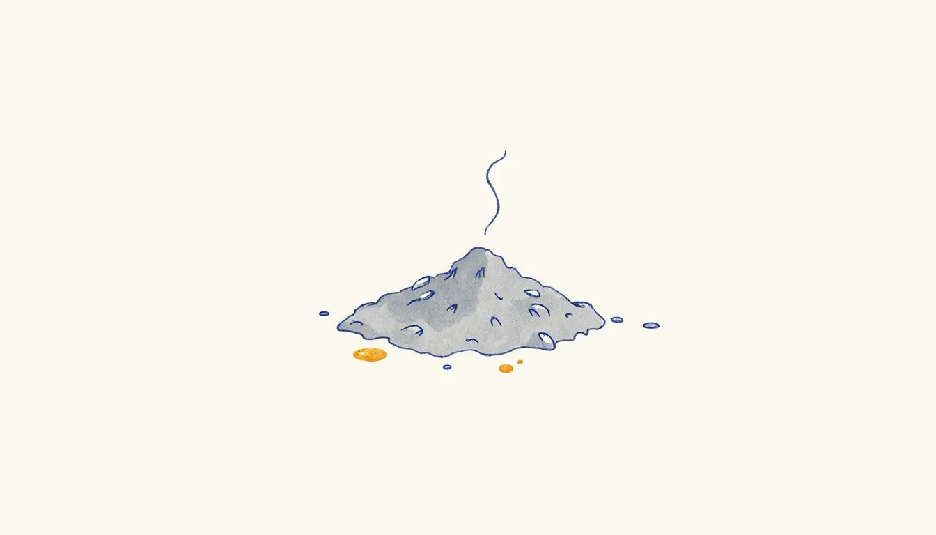 A small pile of ash with a thin wisp of smoke on an empty floor