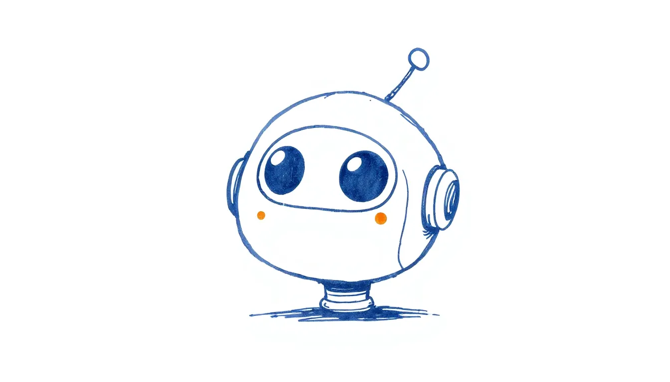 A small round robot head with big eyes and an antenna