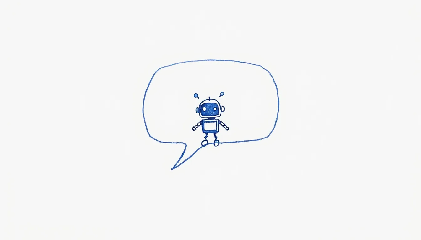 An empty glass speech bubble floats next to a small robot