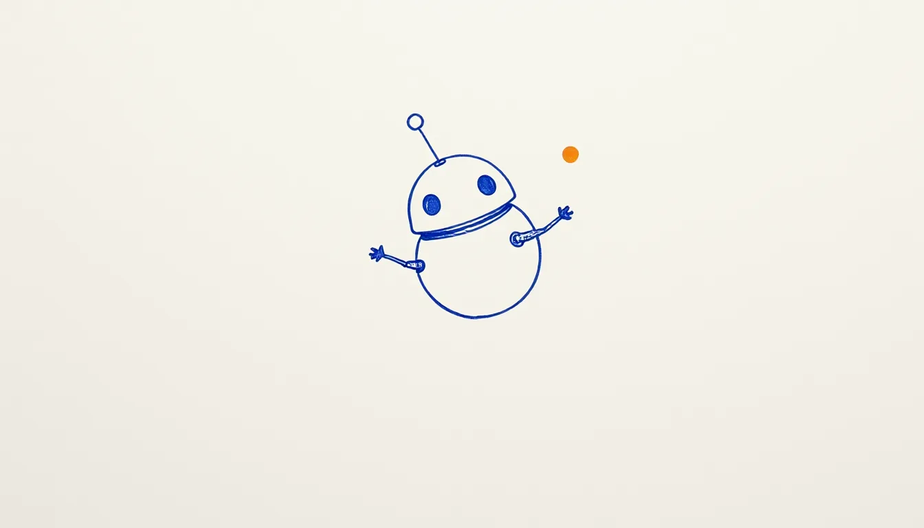 A small round flying robot with an antenna tipping sideways, giggling