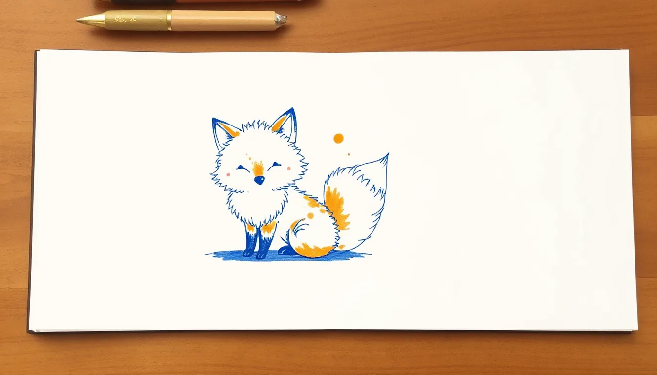 A fluffy little fox with a bushy tail sits on an empty page, drawn as an ink sketch