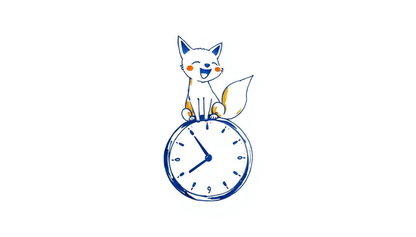 A small fox sitting on a stopwatch, laughing, drawn as a loose ink sketch