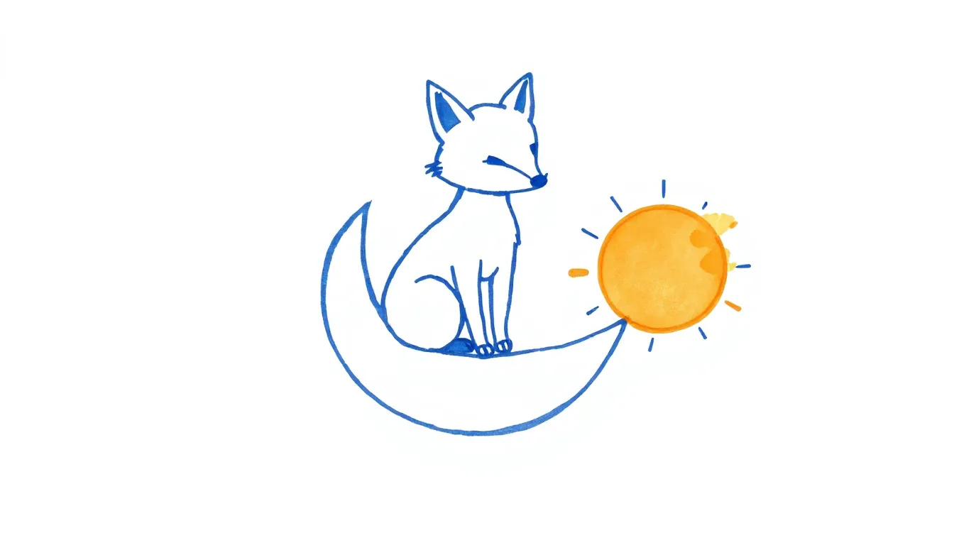 A small fox sitting on a crescent moon next to a tiny sun, drawn in ink