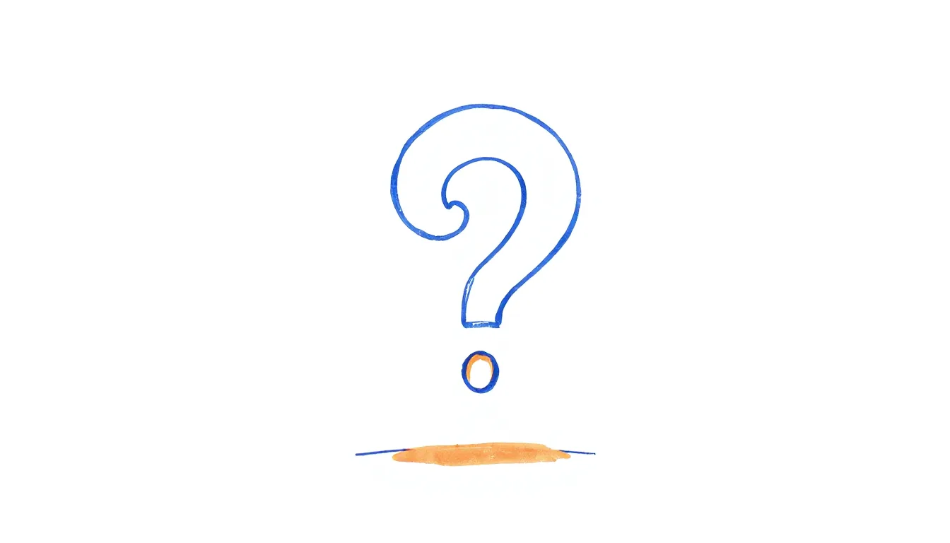 A large, friendly curving question mark drawn in ink on an empty background