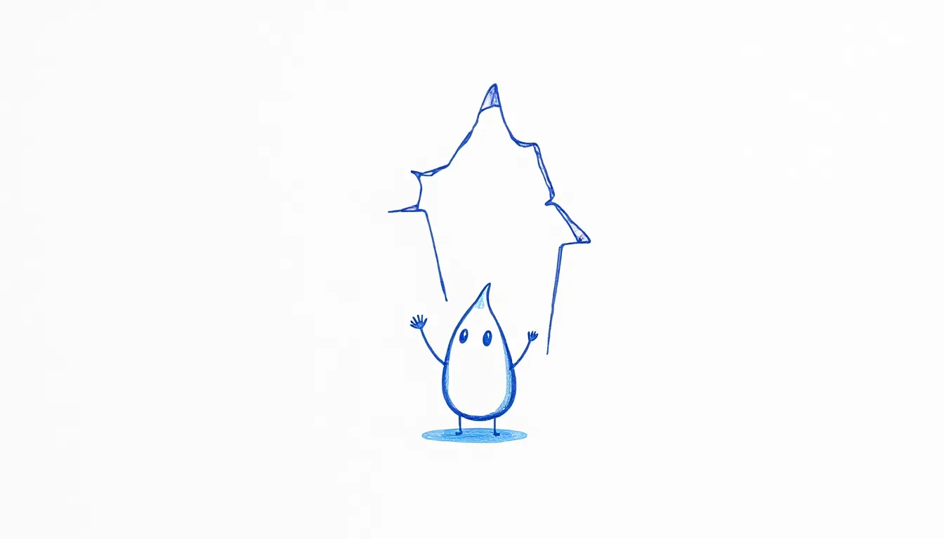A small glowing droplet spirit waving in surprise in front of a crack of light in a wall, drawn as an ink sketch
