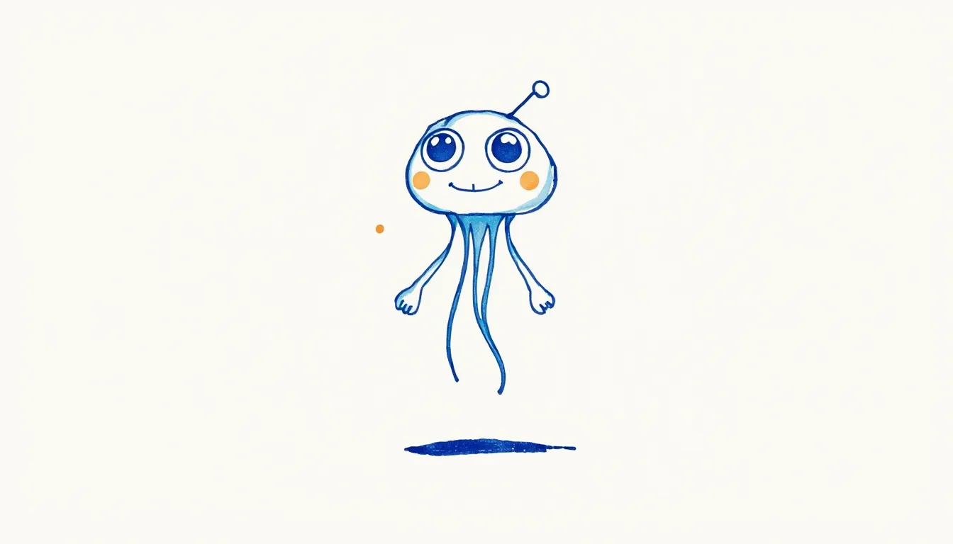 A small teardrop-shaped jiggly ghost with big eyes, an antenna, and two floating mittens, drawn as an ink sketch