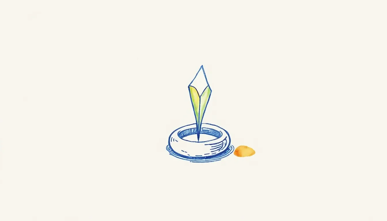 A small glowing crystal growing from a ring on the floor, drawn as an ink sketch