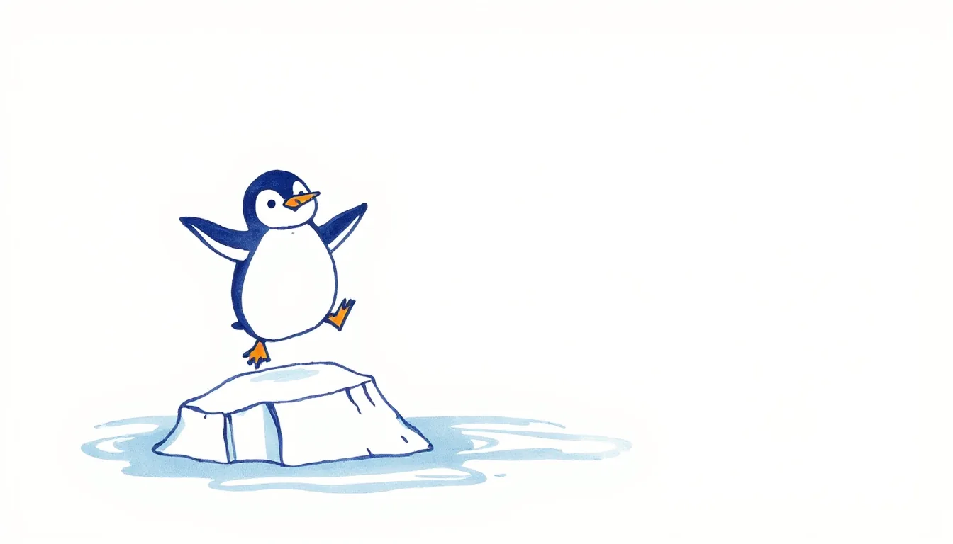 A small drawn penguin jumping happily next to an ice floe